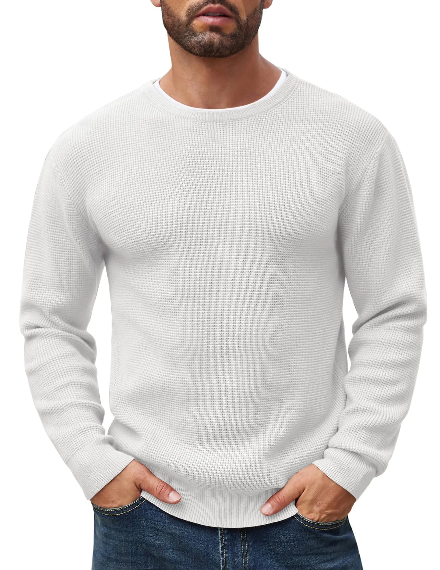 COOFANDY Mens Waffle Knit Sweater Casual Crewneck Heavy Pullover Sweater White