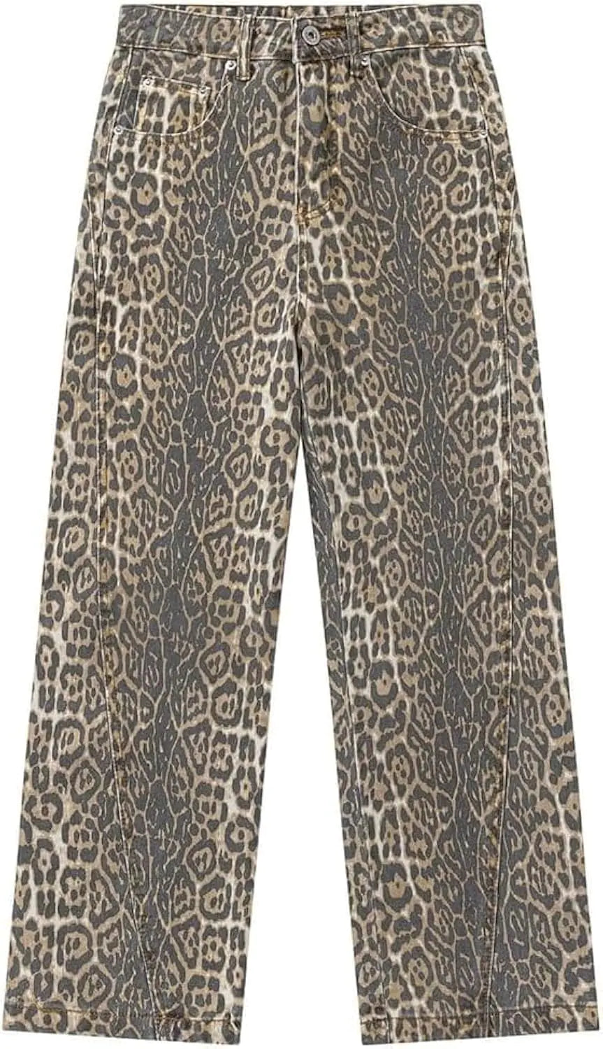 Cheetah Jeans Y2k Jeans Leopard Print Jeans Vintage Baggy Wide Leg High Waisted Oversized Cheetah Print Jeans (Light BrownMediumMedium)