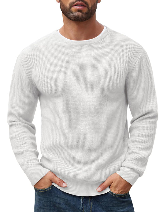 COOFANDY Mens Waffle Knit Sweater Casual Crewneck Heavy Pullover Sweater White