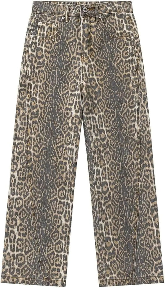 Cheetah Jeans Y2k Jeans Leopard Print Jeans Vintage Baggy Wide Leg High Waisted Oversized Cheetah Print Jeans (Light BrownMediumMedium)